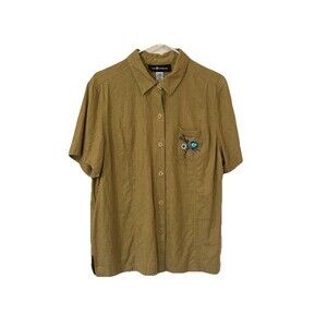 Sag Harbor Linen Blend Embroidered Floral Short Sleeve Button Shirt Women Large